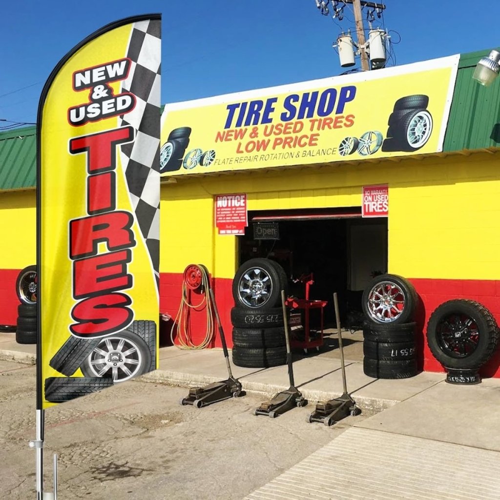 Tire Shop Flags - 8ft Yellow New&Used Tires Feather Flag Pole Kit（Flagpole Not Included） - FSFlag