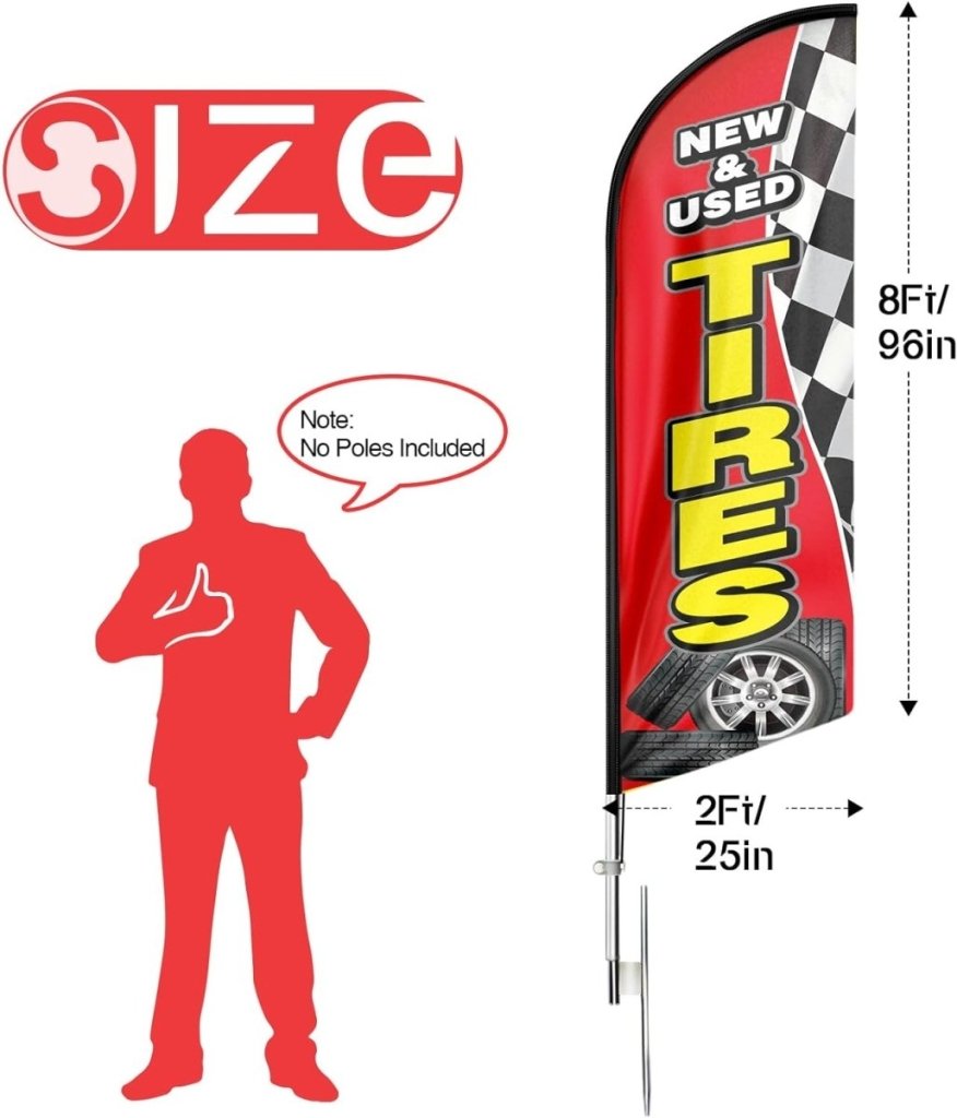 Tire Shop Signs - 8ft Red New & Used Tires Feather Flag for New & Used Tires Business（Flagpole Not Included） - FSFlag