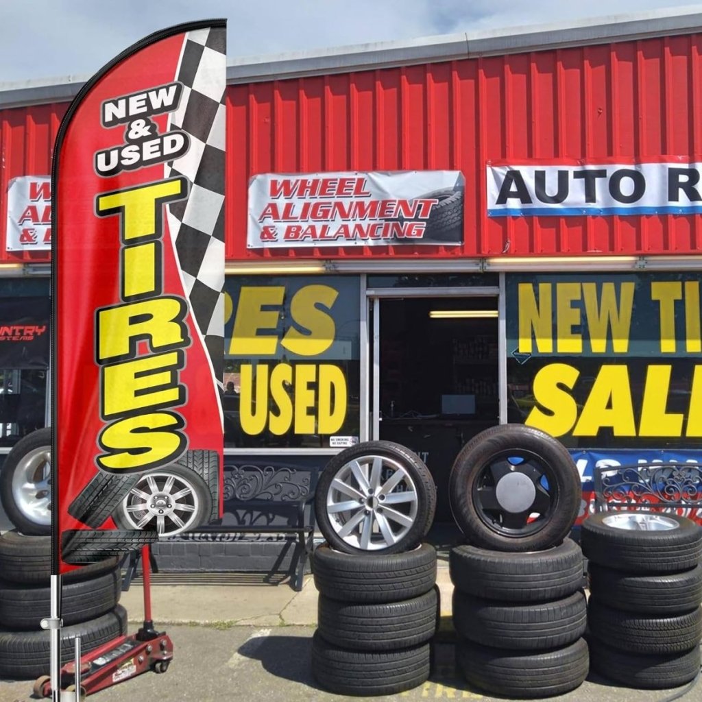 Tire Shop Signs - 8ft Red New & Used Tires Feather Flag for New & Used Tires Business（Flagpole Not Included） - FSFlag