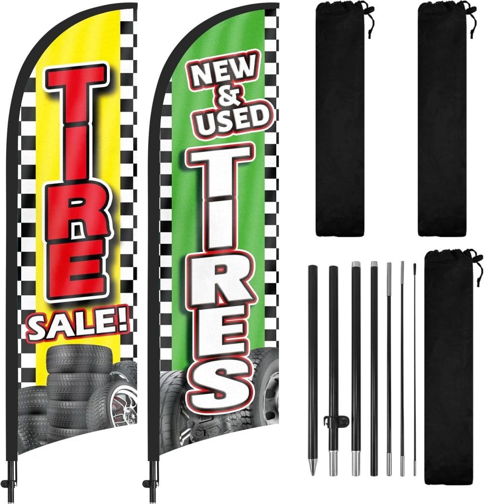 Tire Signs For Sale - 8FT Feather Banners Sign for New Used Tires Sale 2Pack