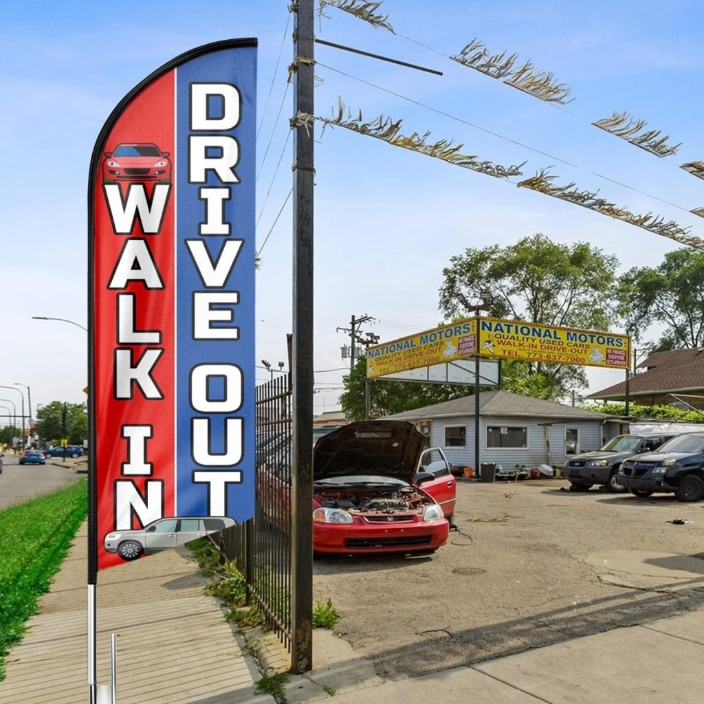 Walk In Drive Out Feather Flag: Advertising Banner for Walk In Drive Out Business (8ft Flagpole Not Included) - FSFlag