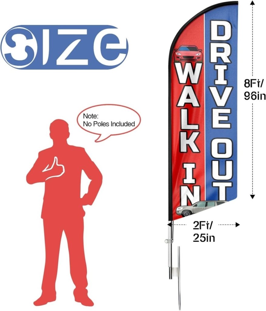 Walk In Drive Out Feather Flag: Advertising Banner for Walk In Drive Out Business (8ft Flagpole Not Included) - FSFlag