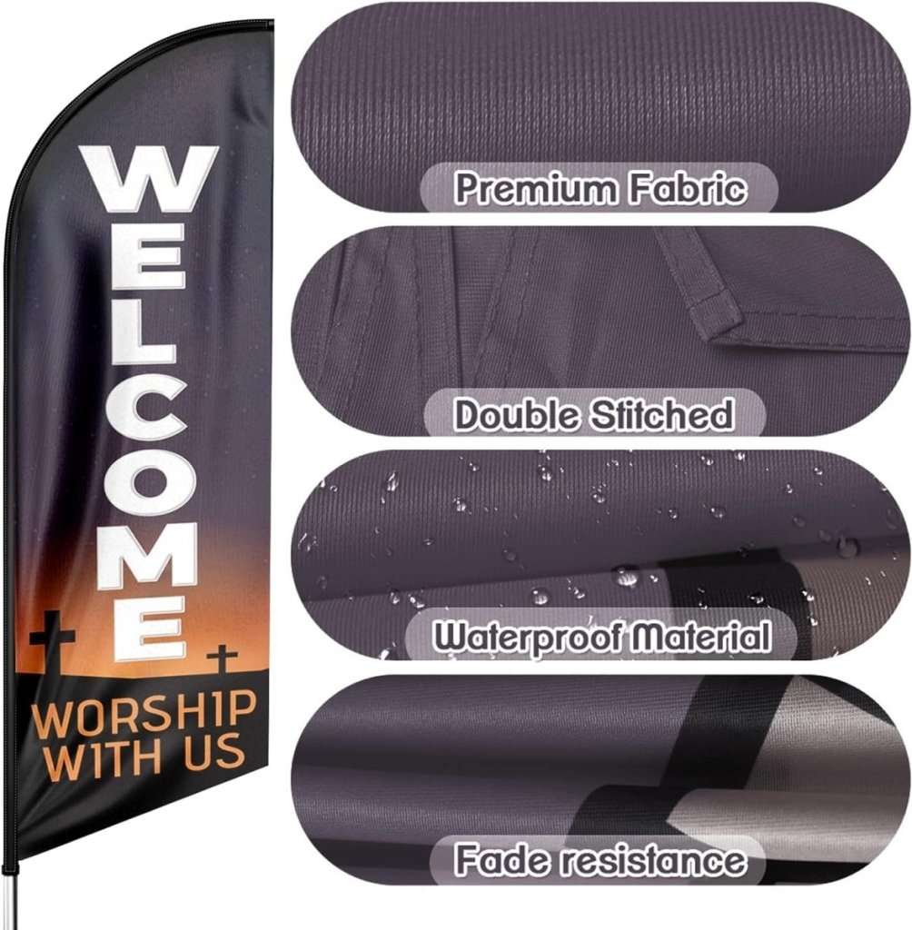 Welcome Worship With Us Feather Flag (8ft, Black Flagpole Not Included) - FSFlag.