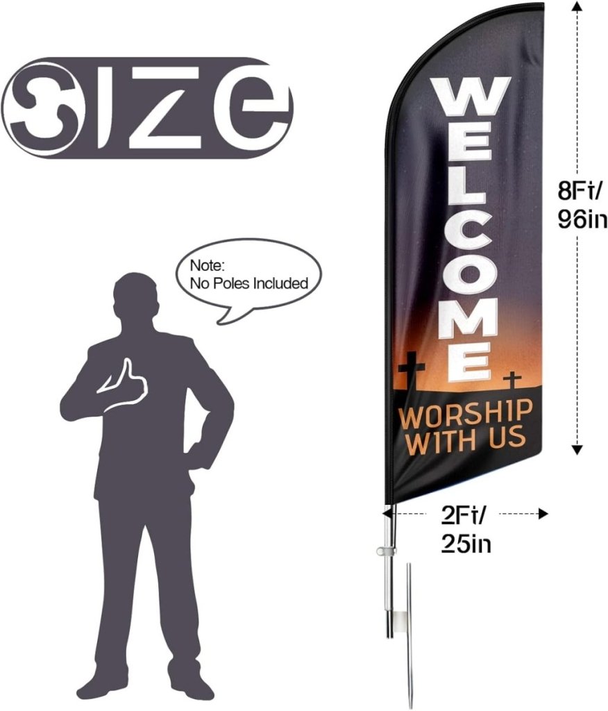 Welcome Worship With Us Feather Flag (8ft, Black Flagpole Not Included) - FSFlag.