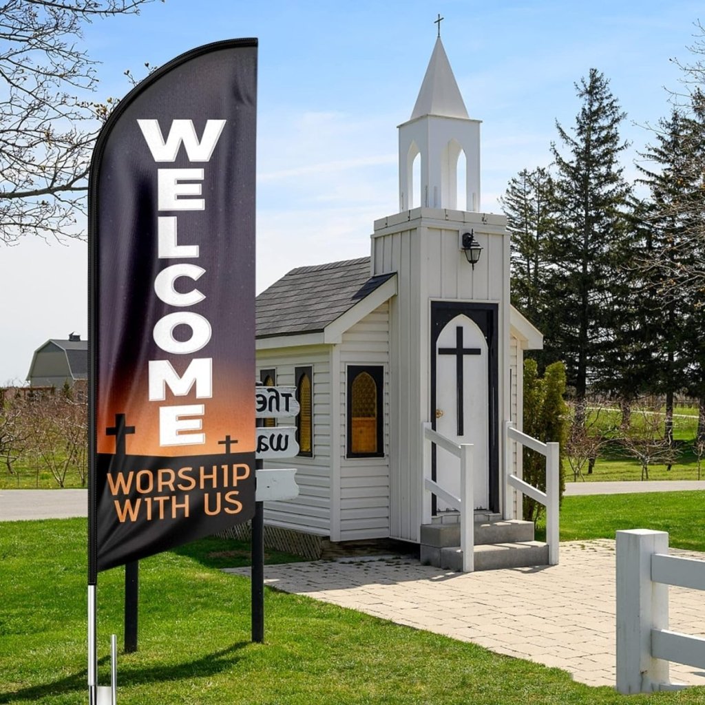 Welcome Worship With Us Feather Flag (8ft, Black Flagpole Not Included) - FSFlag.