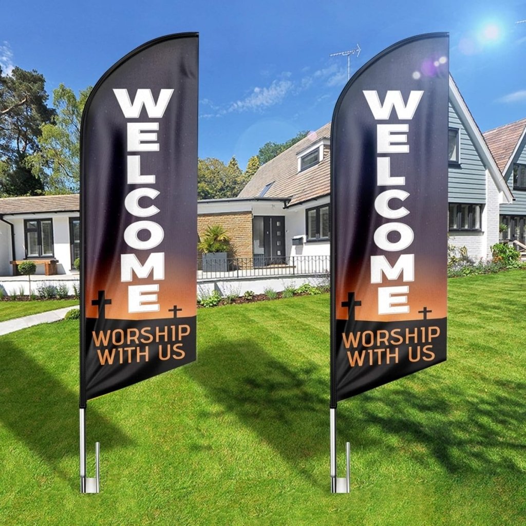 Welcome Worship With Us Feather Flag (8ft, Black Flagpole Not Included) - FSFlag.