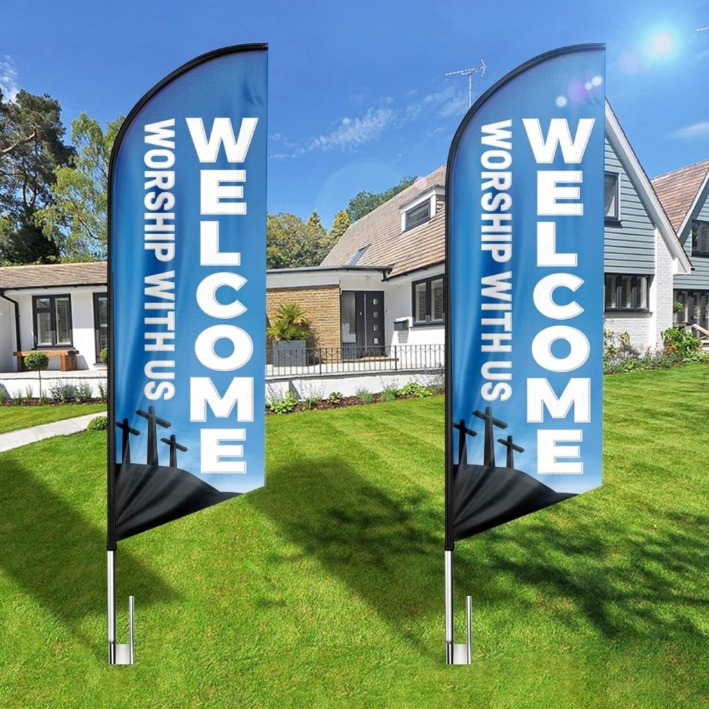 Welcome Worship With Us Feather Flag Banner (8ft, Flagpole Not Included) - FSFlag.