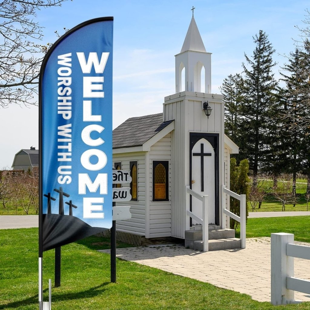 Welcome Worship With Us Feather Flag Banner (8ft, Flagpole Not Included) - FSFlag.